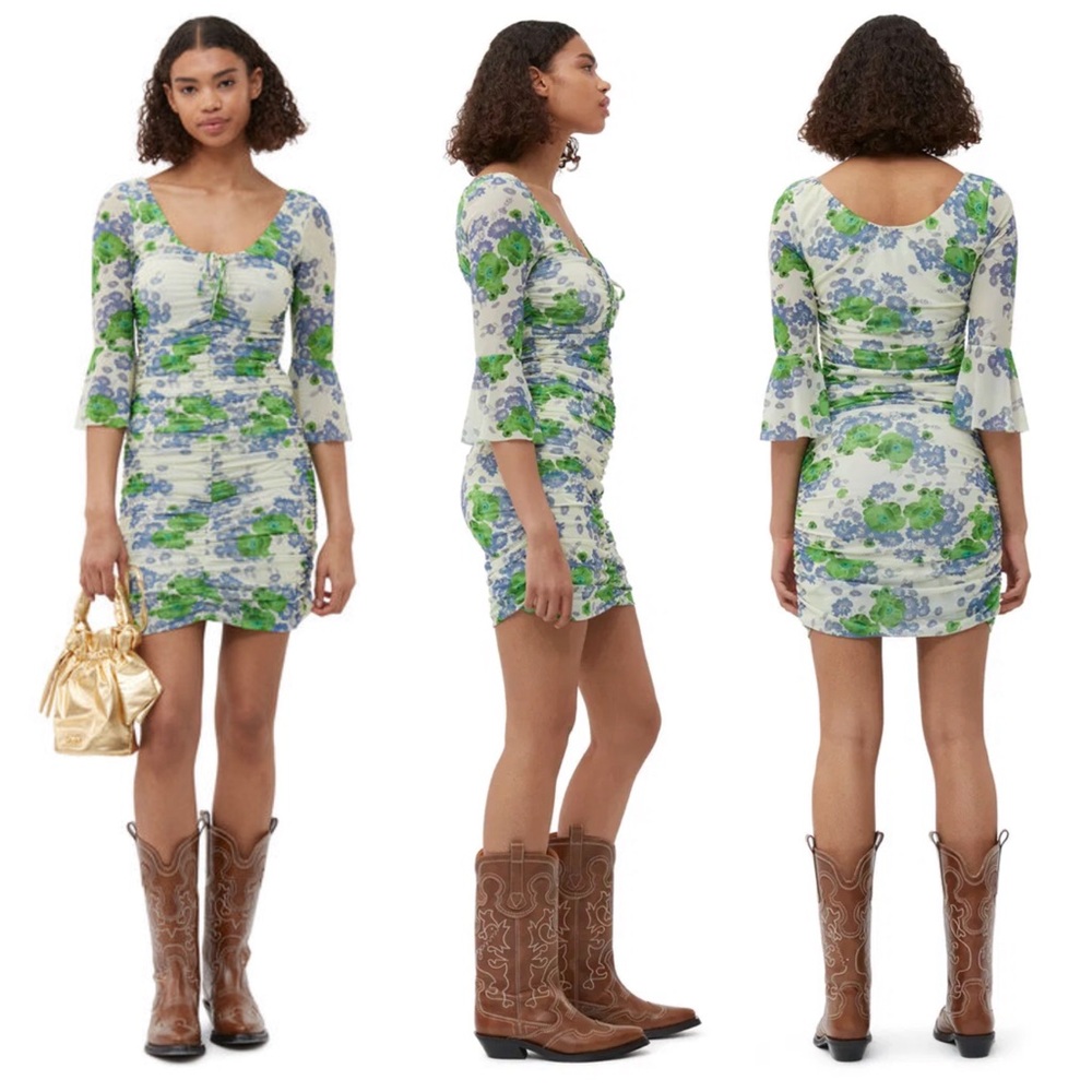 GANNI Women’s Size 38| US 6 Medium Floral Printed Mesh U-neck Ruched Mini Dress